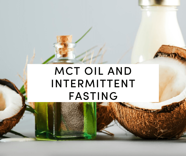MCT oil and intermittent fasting: MCT oil in glass container with coconuts