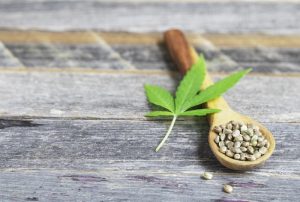cannabis leaf and spoon of seeds on natural table